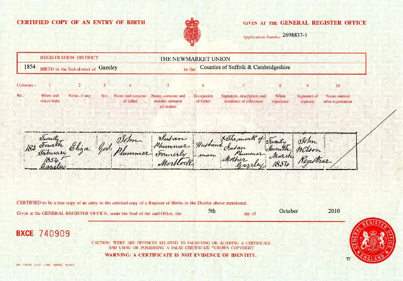 Plummer (Eliza) 1854 Birth Certificate